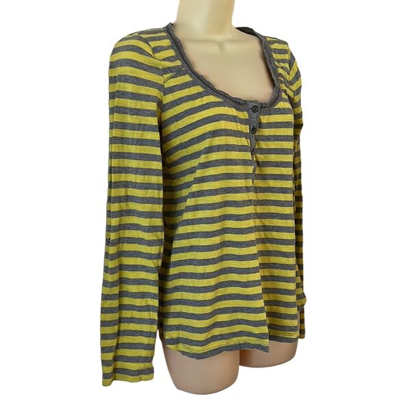 DKNY Jeans Size S Gray & Yellow Striped Knit Top Henley Convertible Sleeve Y2K - Picture 2 of 10